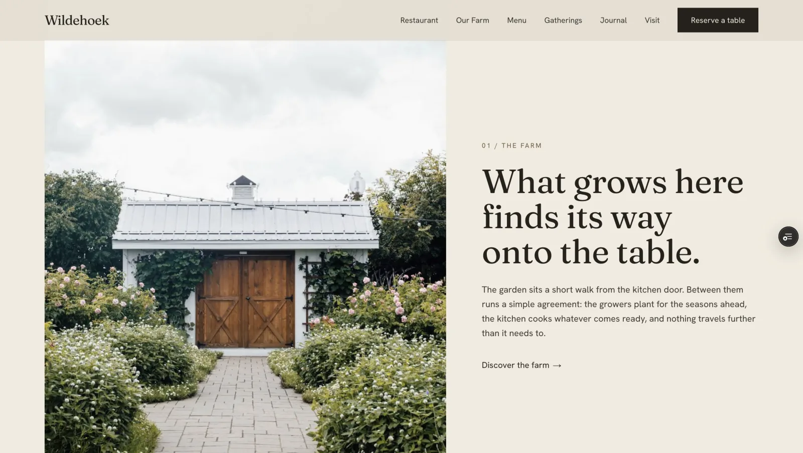 Wildehoek website Restaurant section — a restaurant shaped by the seasons