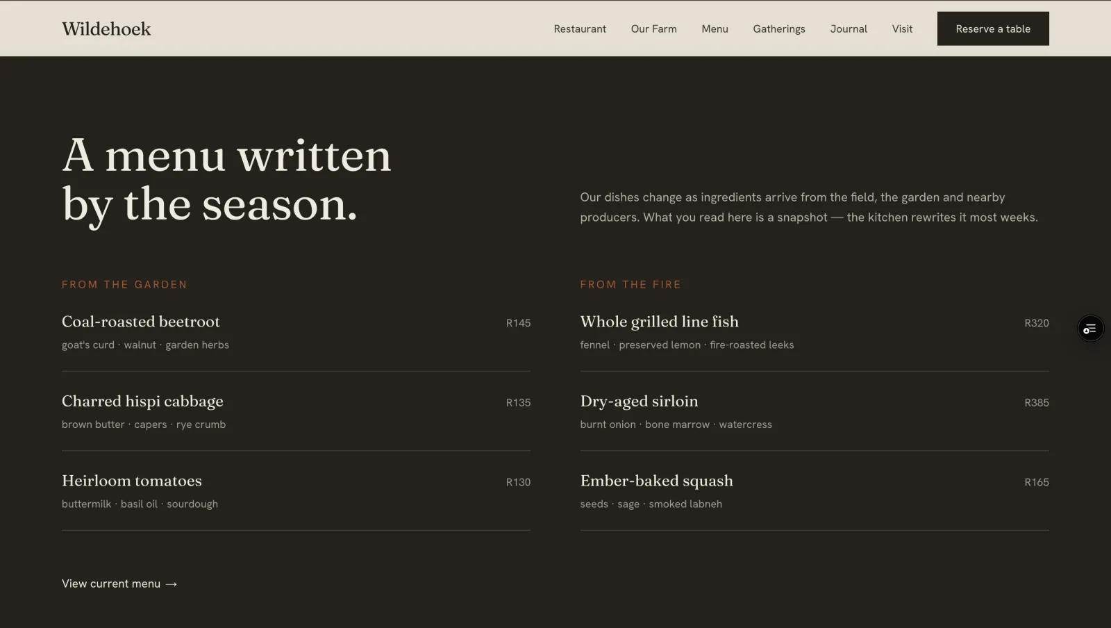 Wildehoek website Visit section featuring the outdoor terrace
